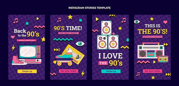 無料ベクター 手描きの90年代の音楽祭のinstagramの物語