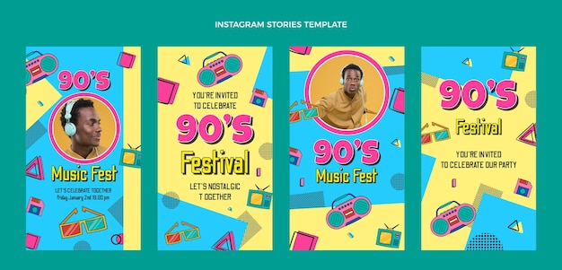 Storie di instagram del festival musicale degli anni '90 disegnate a mano