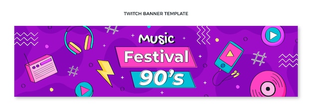 Free vector hand drawn 90s music festival twitch banner