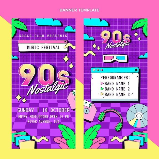 Free vector hand drawn 90s music festival vertical banners