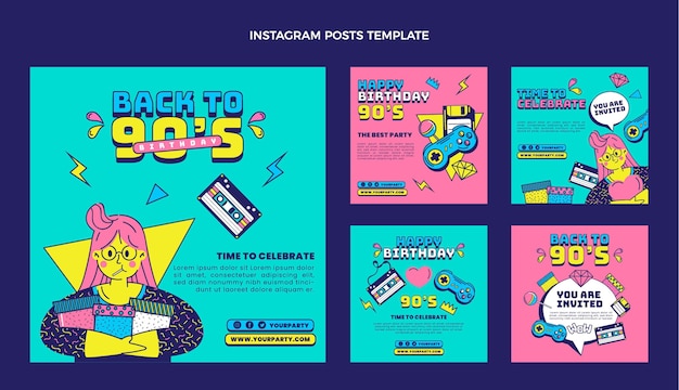 Free vector hand drawn 90s nostalgic birthday instagram post