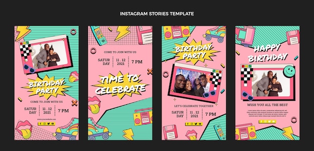 Free vector hand drawn 90s nostalgic birthday instagram stories collection