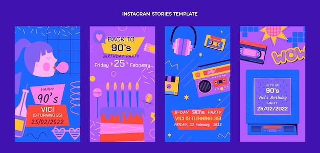 Free vector hand drawn 90s nostalgic birthday instagram stories