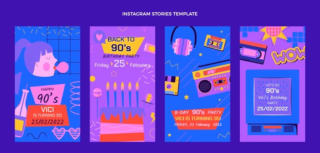 手描きの90年代のノスタルジックな誕生日のInstagramストーリー