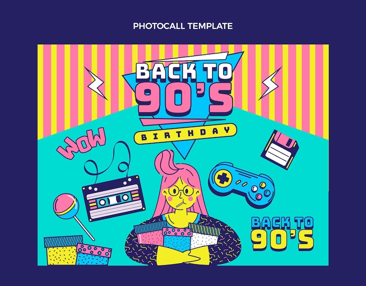 मुफ़्त वेक्टर hand drawn 90s nostalgic birthday label / badges (x4)