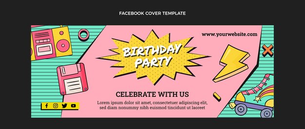 Hand drawn 90s nostalgic birthday social media cover template