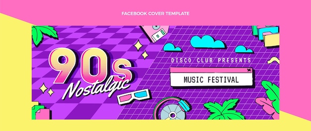 Vettore gratuito copertina facebook del festival musicale nostalgico anni '90 disegnata a mano