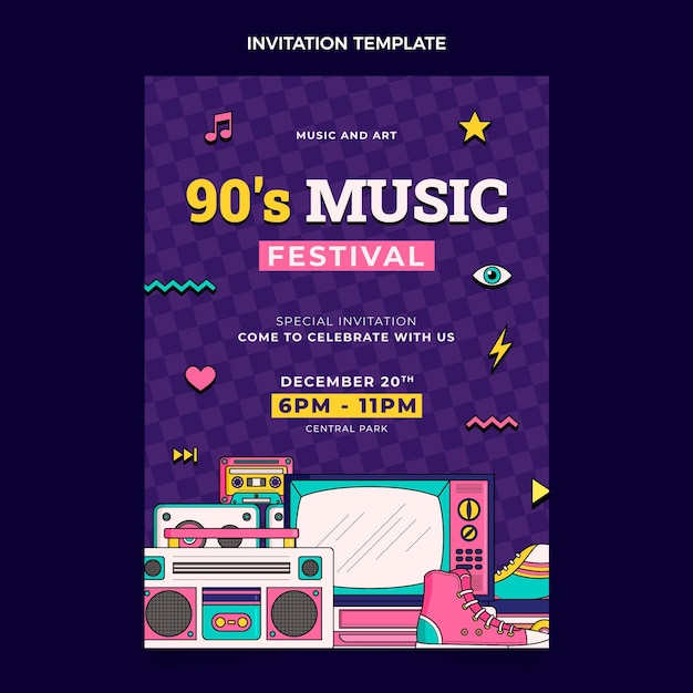 Vettore gratuito invito al festival musicale nostalgico anni '90 disegnato a mano