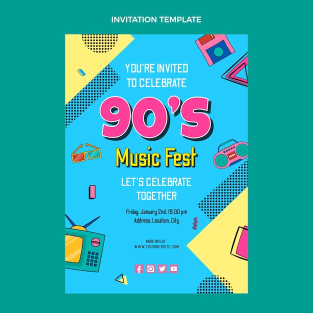 無料ベクター 手描きの90年代のノスタルジックな音楽祭の招待状