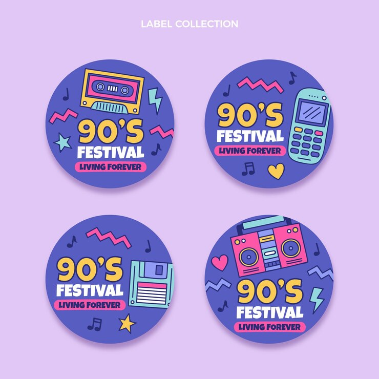 मुफ़्त वेक्टर hand drawn 90s nostalgic music festival labels