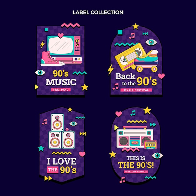 Free vector hand drawn 90s nostalgic music festival labels