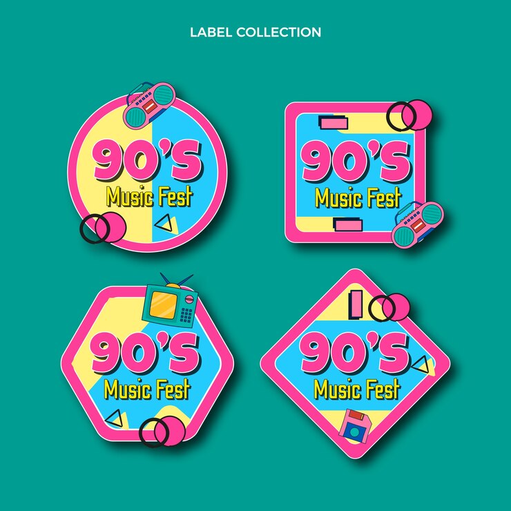 मुफ़्त वेक्टर hand drawn 90s nostalgic music festival labels