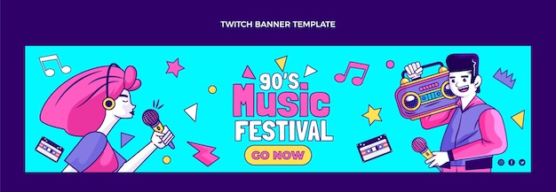 Hand drawn 90s nostalgic music festival twitch banner
