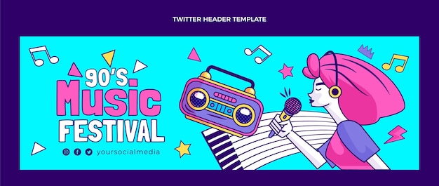 Intestazione twitter del festival musicale nostalgico anni '90 disegnata a mano