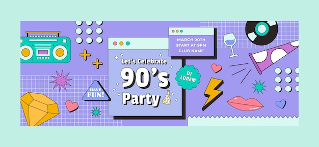 Бесплатное векторное изображение Нарисованная вручную обложка facebook для вечеринки 90-х