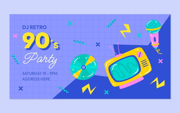 Hand Drawn 90s Party Facebook Post With Tv Illustration