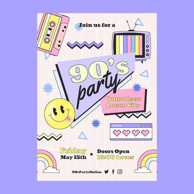 Hand drawn 90s party invitation template