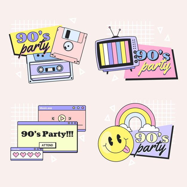 Hand drawn 90s party label collection