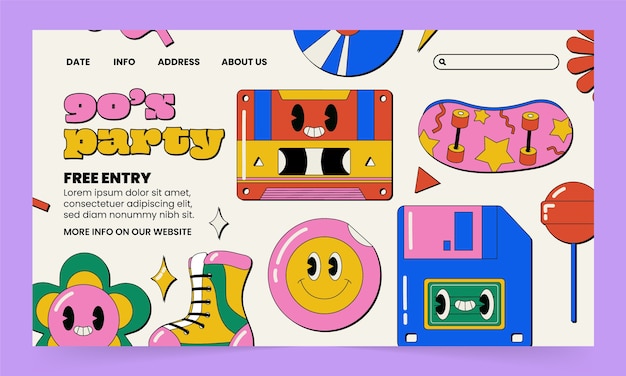 Hand drawn 90s party landing page template