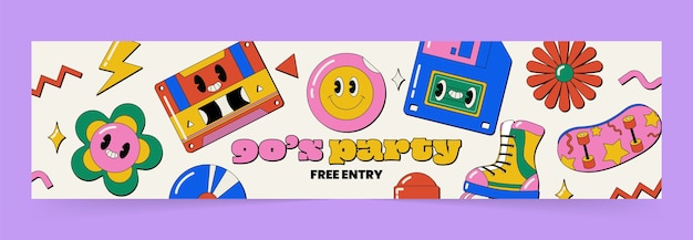 Hand drawn 90s party twitch banner template