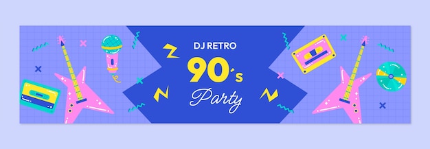 Hand drawn 90s party twitch banner with guitars