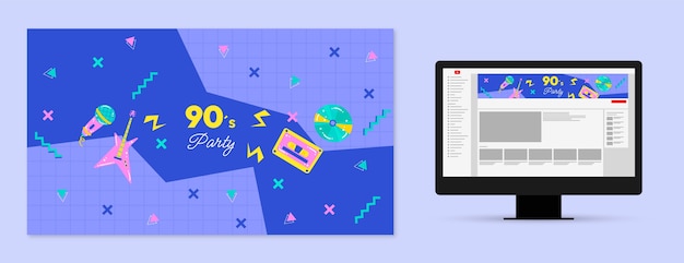 無料ベクター 手描きの90年代のパーティーのyoutubeチャンネルアート