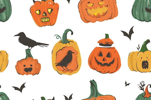 手描き抽象漫画ハッピーハロウィンイラストシームレスパターンカボチャ絵文字角ランタンモンスター コウモリ カラスは白い背景の上 プレミアムベクター
