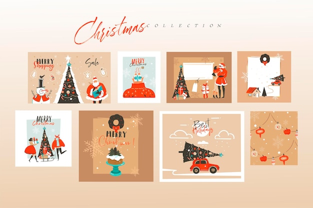 Hand drawn abstract fun merry christmas, and happy new year time cartoon cards bundle set