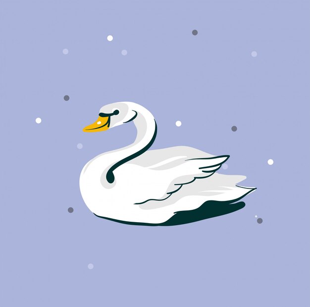 愛の漫画イラストの白い白鳥のカップル ハートの冠をかぶったかわいい鳥の王女と王子 プレミアムベクター