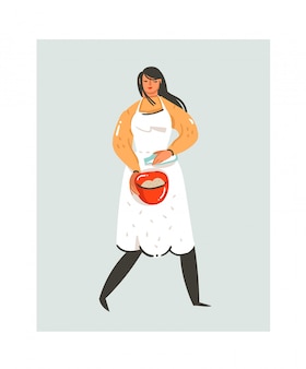 手描き​抽象​モダンな​漫画​調理​時間​楽しい​イラストアイコン​白​で​隔離される​クッキー​を​準備する​白い​エプロン​で​料理​シェフ​の​女性