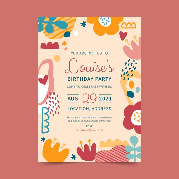 Hand drawn abstract shapes birthday invitation template