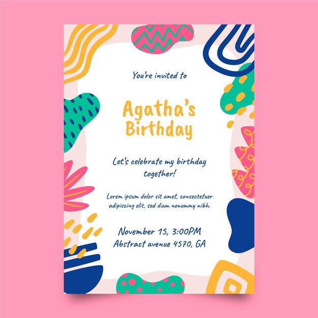 Hand drawn abstract shapes birthday invitation template