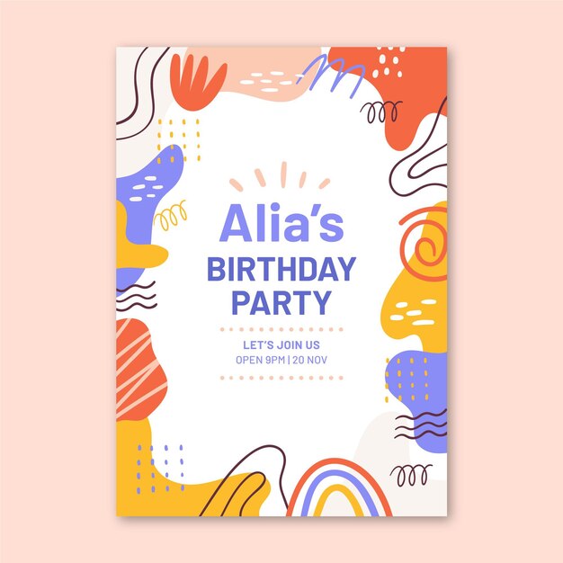 Hand drawn abstract shapes birthday invitation