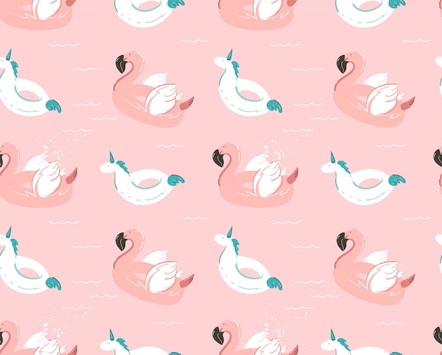 Hand drawn  abstract summer time fun seamless pattern with pink flamingo float and unicorn swimming pool buoy circle  on pastel background.