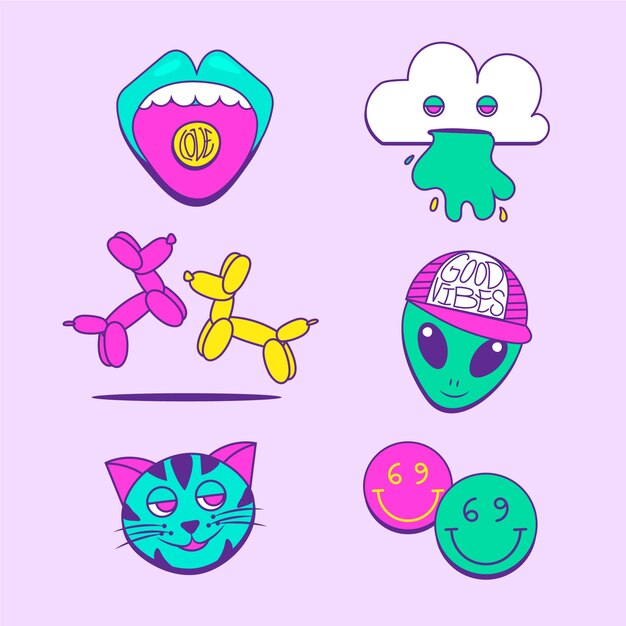 Free vector hand-drawn acid colors funny sticker collection