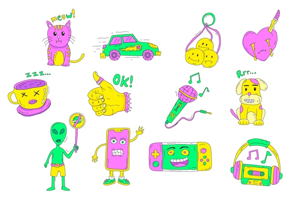 Hand-drawn acid colors funny sticker collection