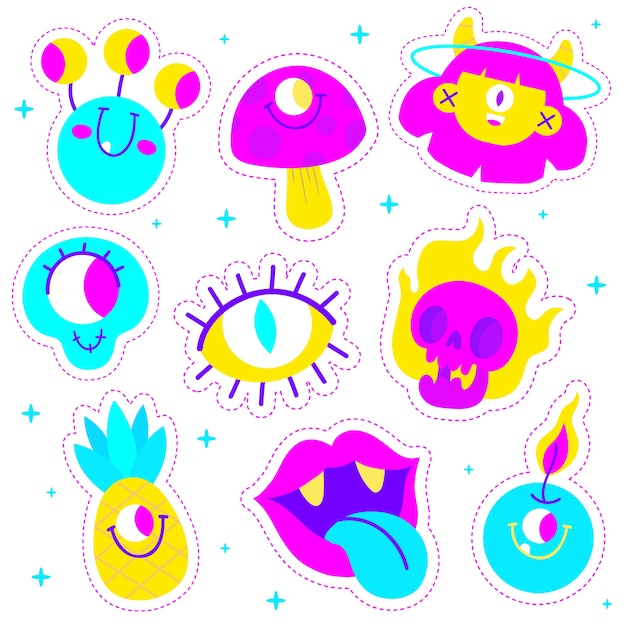 Free vector hand-drawn acid colors funny sticker collection