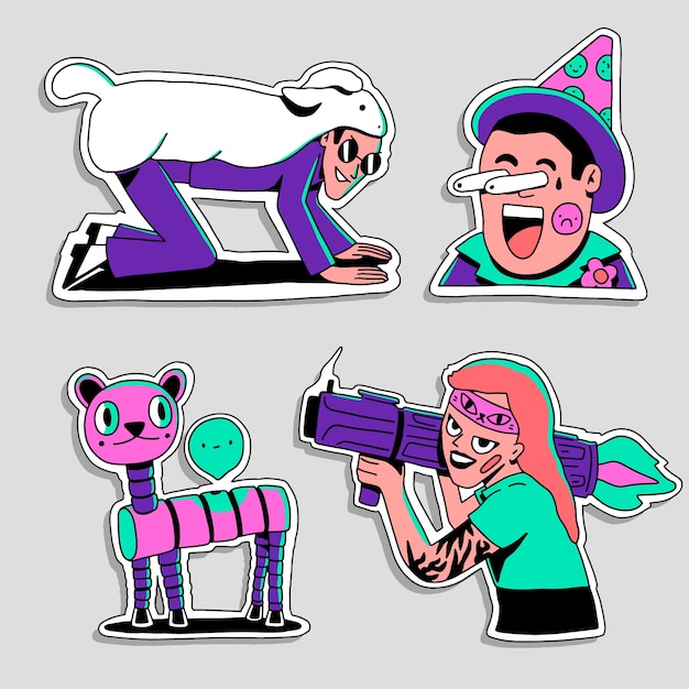 Hand-drawn acid colors funny sticker set