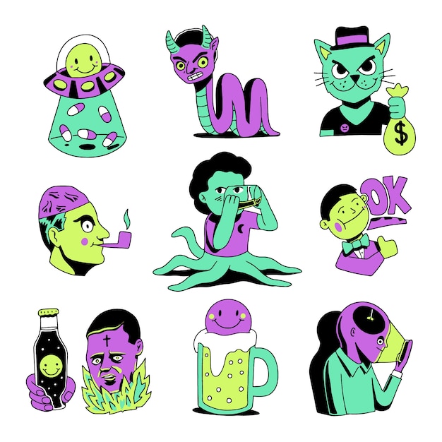 Hand-drawn acid colors funny sticker set