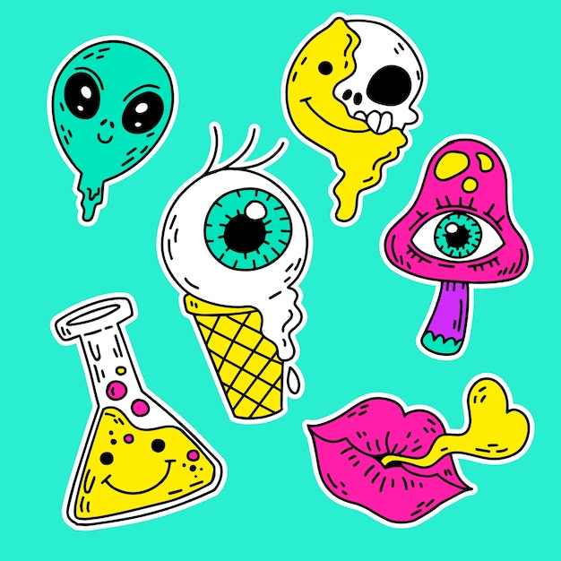 Hand-drawn acid colors funny sticker set