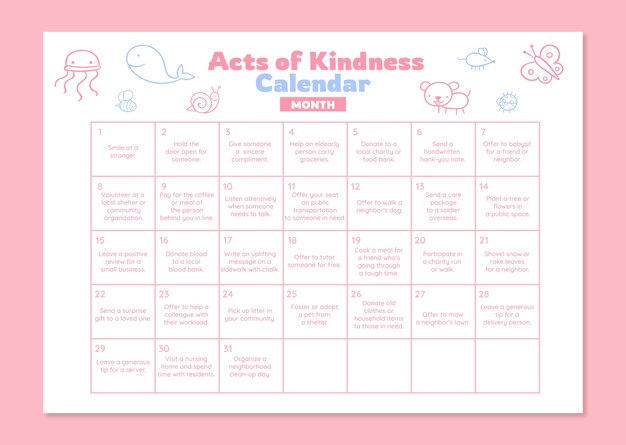 Hand drawn acts of kindness calendar template