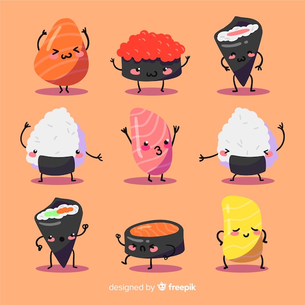 Vettore gratuito collezione di sushi adorabile disegnato a mano