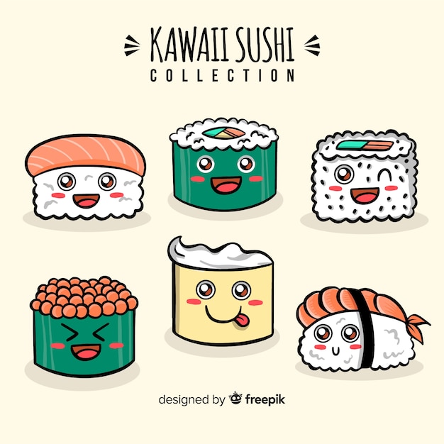 Vettore gratuito collezione di sushi adorabile disegnato a mano