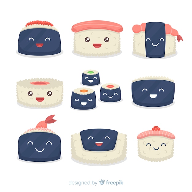 Vettore gratuito collezione di sushi adorabile disegnato a mano