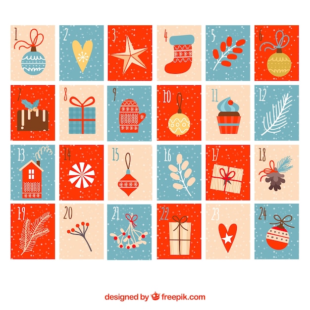 Hand drawn advent calendar in tones of blue, red and beige