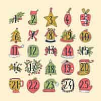 Vettore gratuito calendario dell'avvento disegnato a mano con decorazione