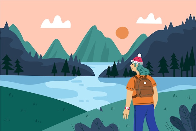 Free vector hand drawn adventure background with lake