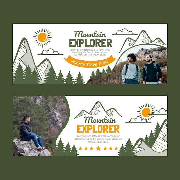 Free vector hand drawn adventure horizontal banners set with photo