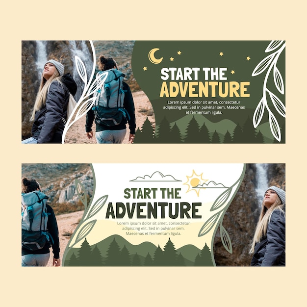 Free vector hand drawn adventure horizontal banners set with photo