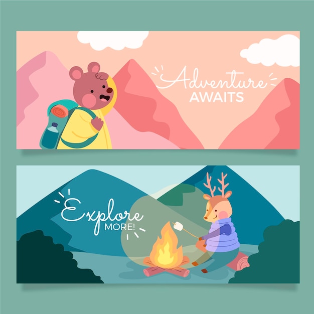 Hand drawn adventure horizontal banners set